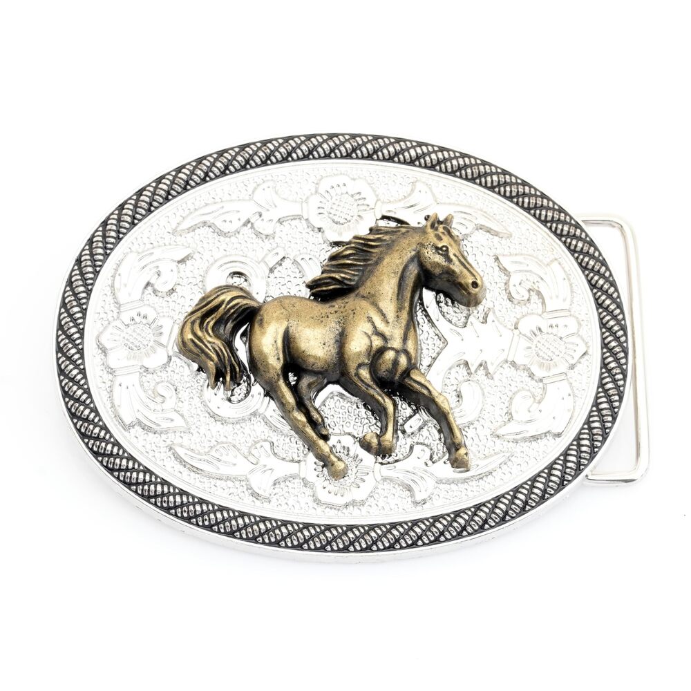 7239 Western Belt Buckle, Horse Longhorn Designs, Antique Brass